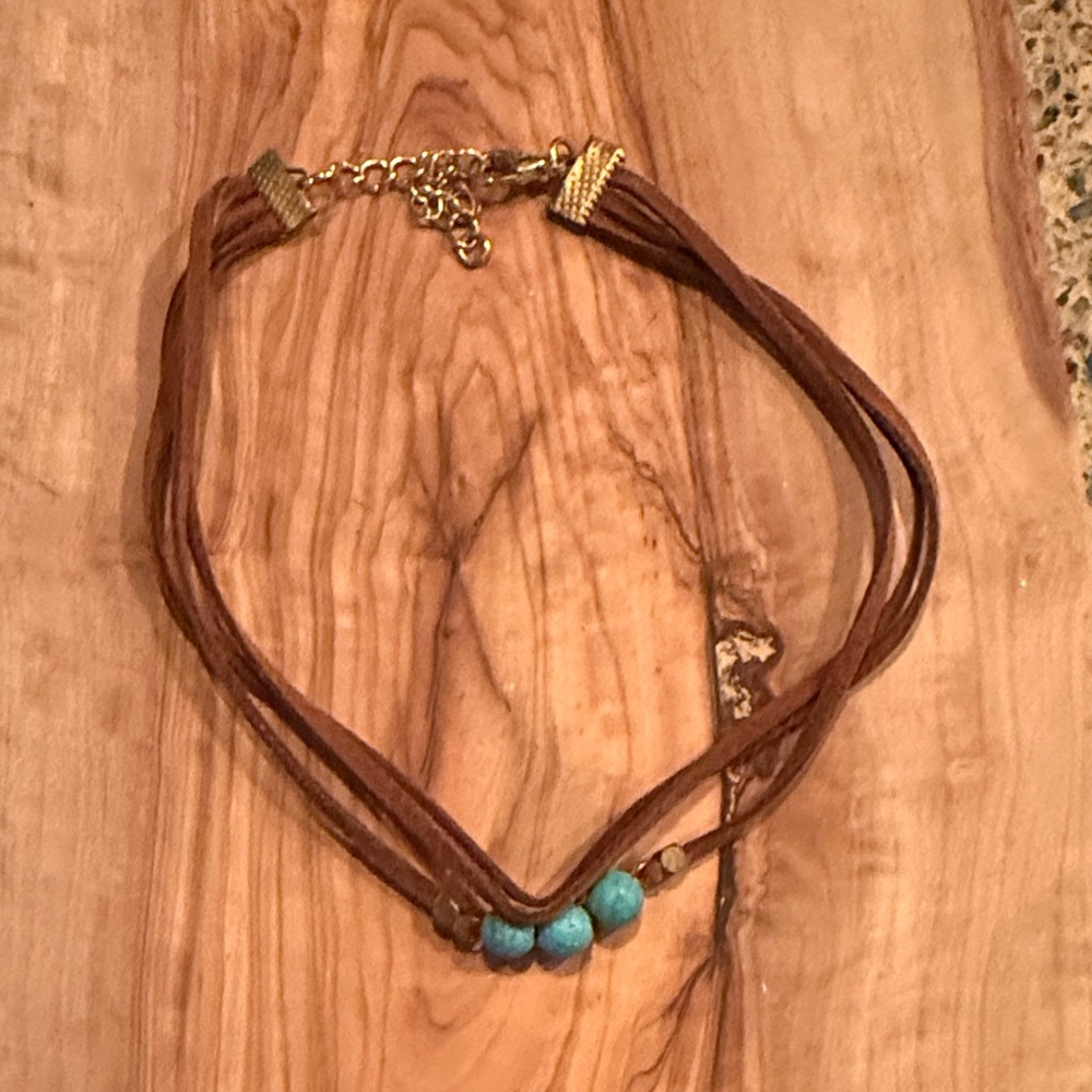 Brown Suede Multi-Strand Necklace with Turquoise Beads choker boho festival